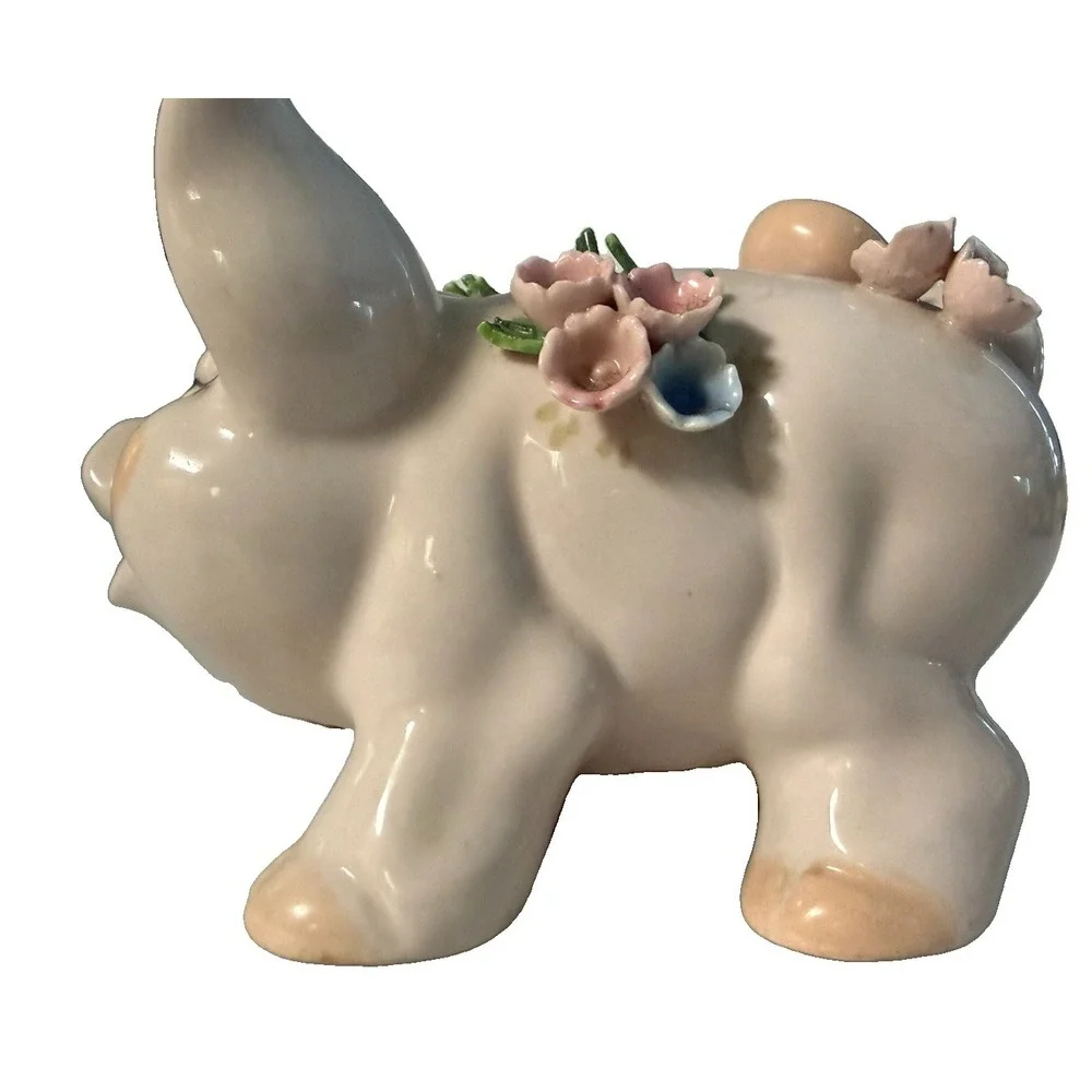 Vintage Lefton Japan Piggy Bank Applied Porcelain Flowers Pink Pig Coin Bank